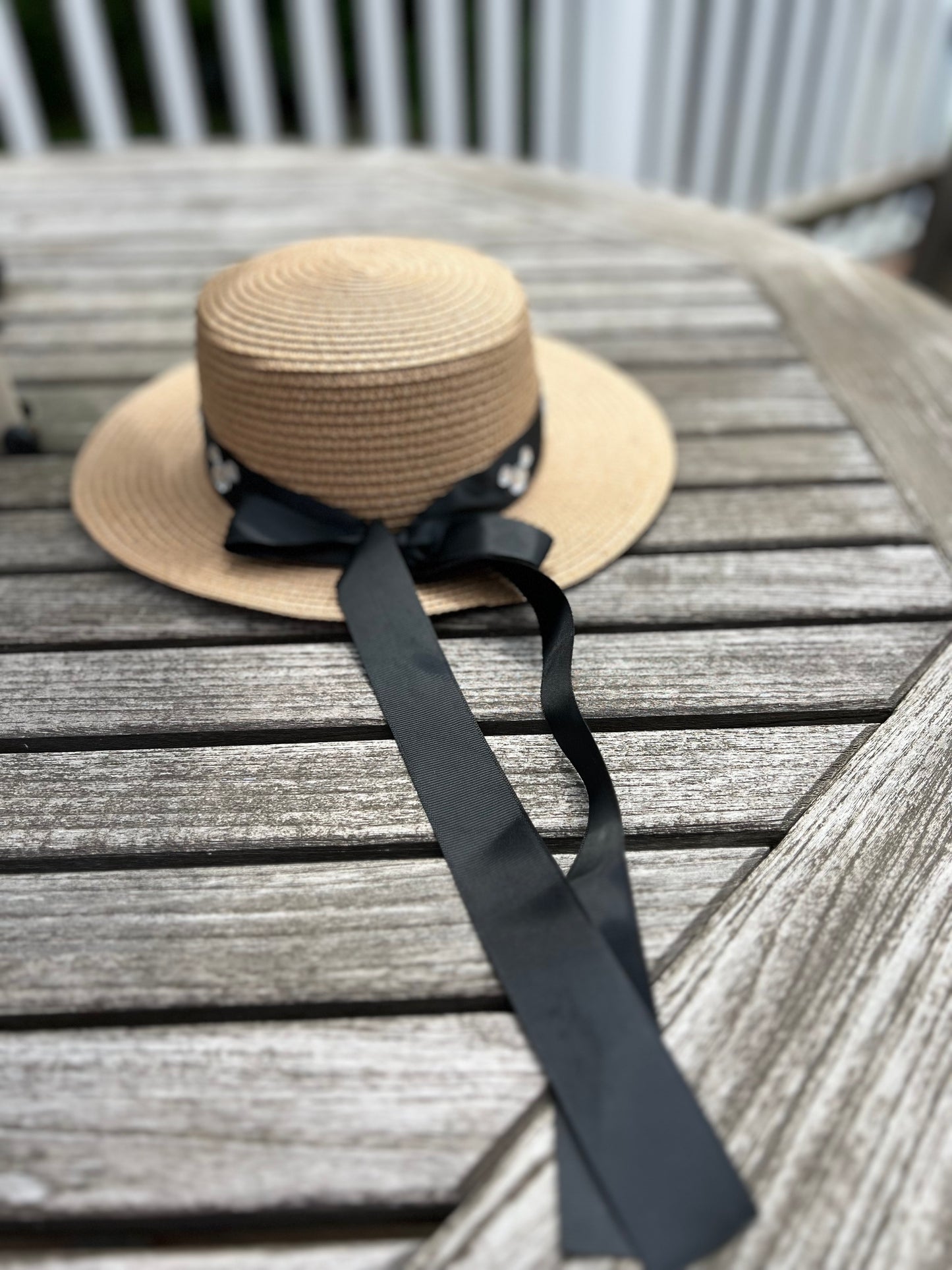 Dark taupe Straw Hat with long ribbon