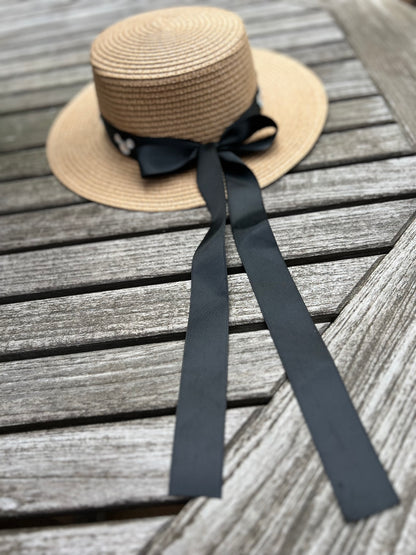 Dark taupe Straw Hat with long ribbon